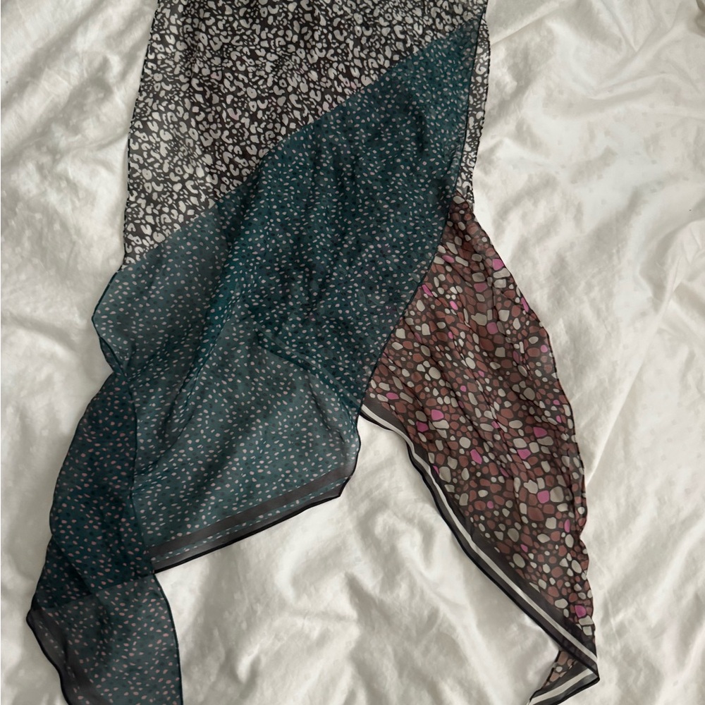 Cabi Multicolor Patterned Sheer Scarf - Teal, Black, Brown with Pink Accents